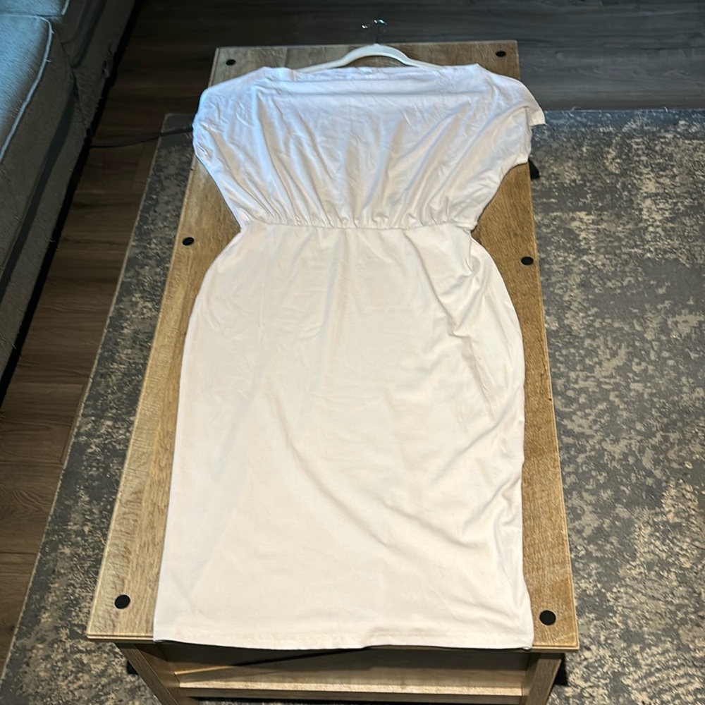 White Dress with wide Neckline and Cinched Waist